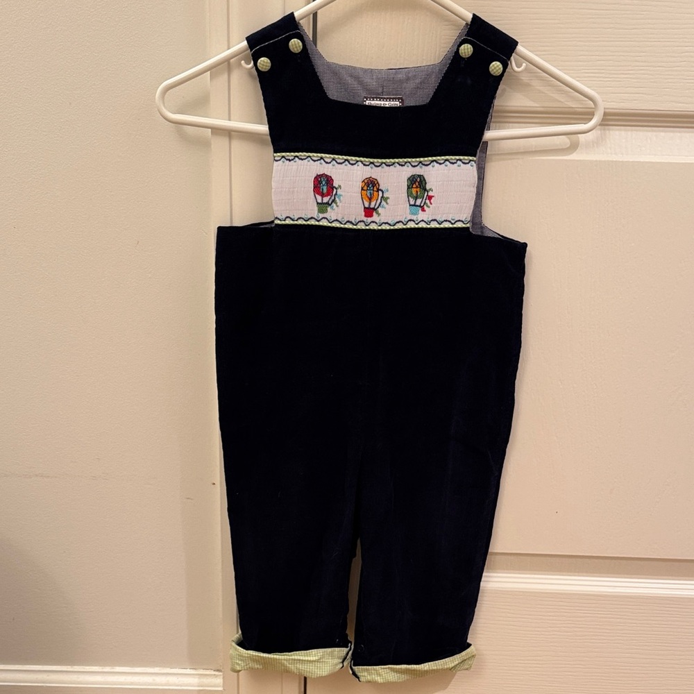 Shrimp and Grits Kids Navy Overalls with smocked Hot Air Balloons.